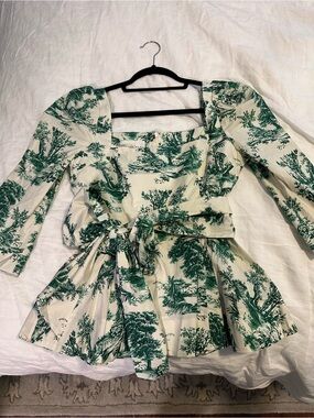 Cara Cara Green Toile Wrap Peplum Top